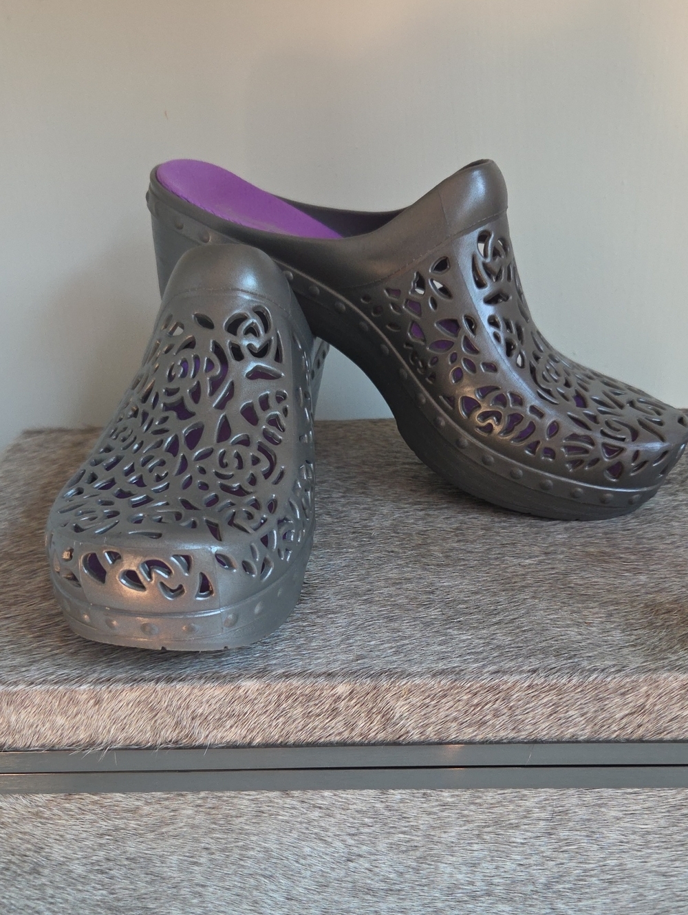 Dansko  Pippa Gray Clogs with Purple Insole and Floral Cutouts